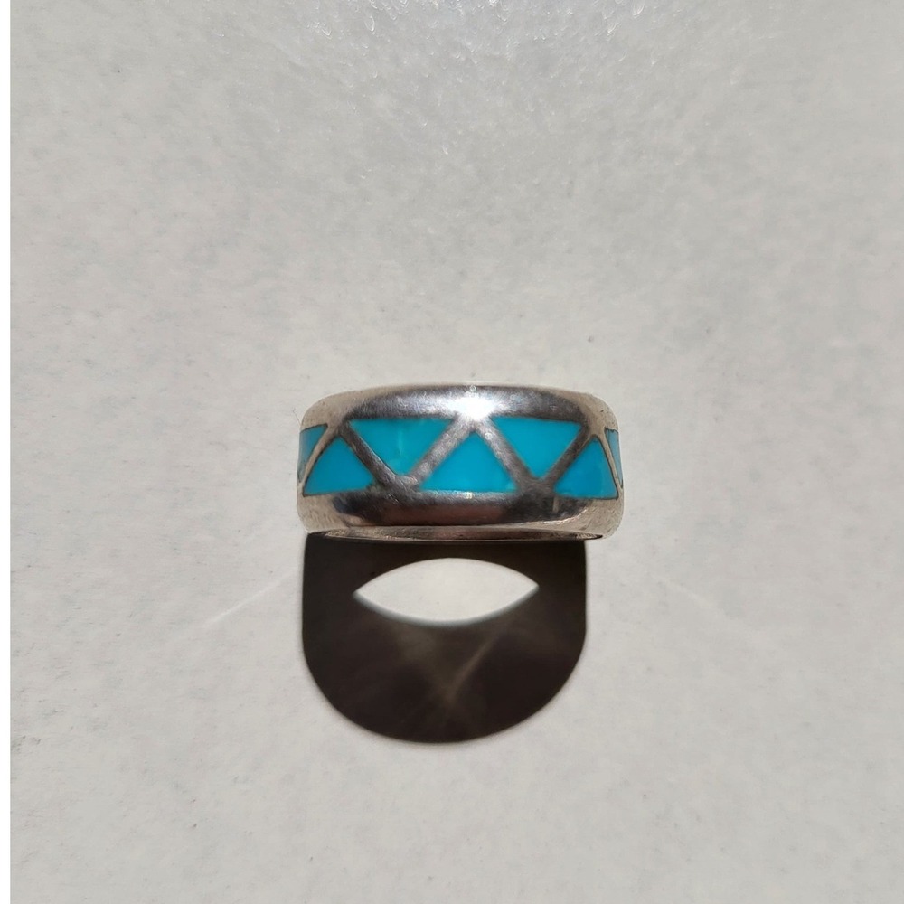 925 Sterling Silver Zuni Turquoise Inlay Band Ring Vintage Native Blue